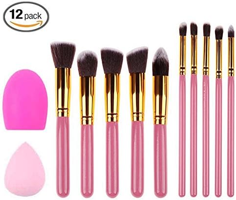 Professional Cosmetic Makeup Brush Kit Soft Synthetic Kabuki Foundation Blending Blush Eyeliner Face Powder Makeup Brush Kit with Blender Sponge and makeup Clean Tools(10+2pcs,Pink/Gold)