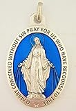 Silver Toned Base Blue Enamel Blessed Saint Mary Miraculous Medal, 1 3/4 Inch