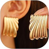 Chunky Gold Square Statement Earrings for Women,Charm Geometric Wave Drop Dangle Earrings Vintage Retro Textured Jewelry Accessories Gift