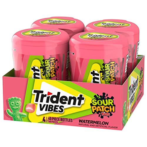 TRIDENT VIBES SOUR PATCH KIDS WATERMELON SUGAR FREE GUM, 4 BOTTLES OF 40 PIECES (160 TOTAL PIECES)