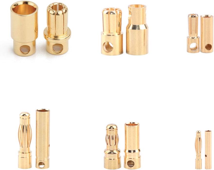 Nuofan 30Pairs RC Bullet Connectors 2mm/3.5mm / 4mm /5mm /6mm /8mm Gold Plated Banana Plug for RC Battery ESC Motor Wire(each 5pairs)