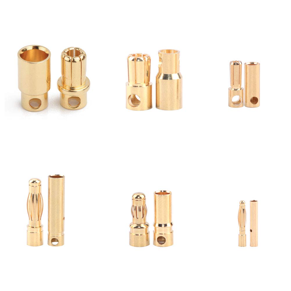 Nuofan 30Pairs RC Bullet Connectors 2mm/3.5mm / 4mm /5mm /6mm /8mm Gold Plated Banana Plug for RC Battery ESC Motor Wire（each 5pairs）