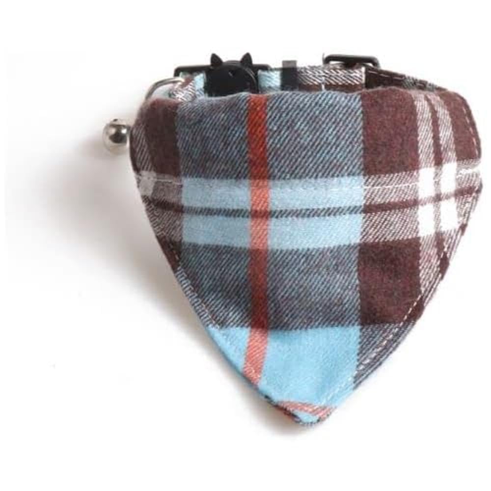 Bandana Cat Collars and Bell | Safe Quick Release Breakaway Buckle | Zacal Cat Collars (Blue & Brown Chequered Bandana) — image 1
