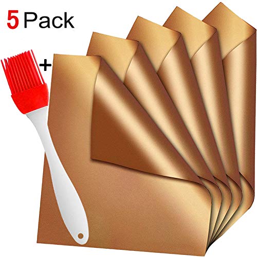Eholder Copper Grill Mat,Portable Toaster Microwave Oven Liner BBQ Cooking Mats Baking Pizza,Grilling On Gas,Charcoal,Electric - Set Of 5 + 1 Brush Indoor & Outdoor Camping Barbecue Sheets Nonstick