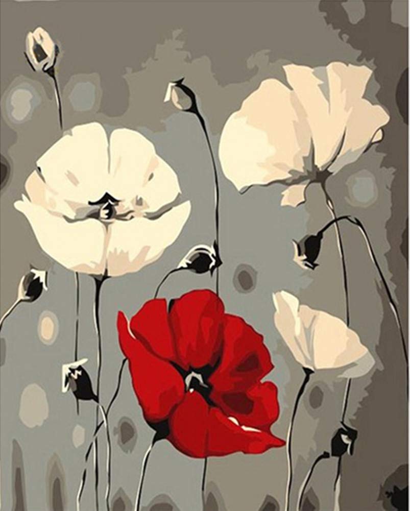 YEESAM ART Paint by Numbers for Adults Beginners Red & White Poppies Flowers 16x20 inch Linen Canvas Acrylic DIY Number Painting Kits Wall Art Decor Gifts