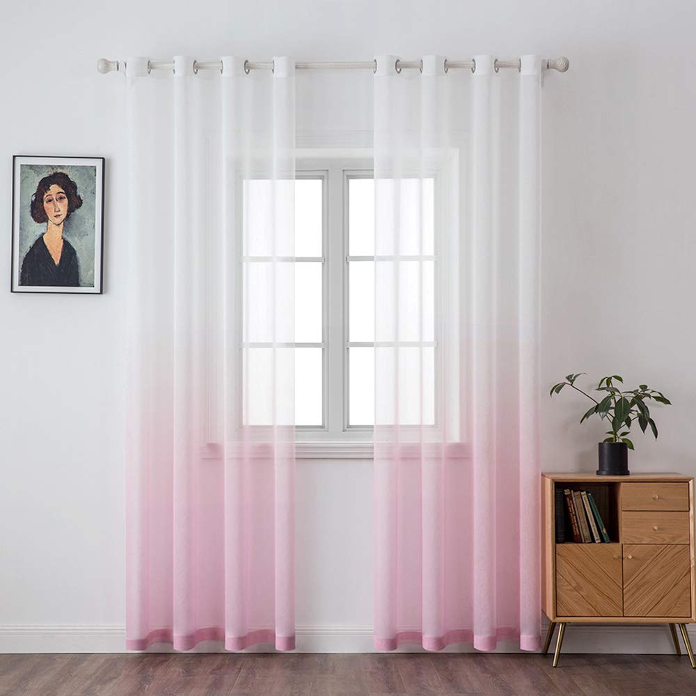 MIULEE Set of 2 Gradient Voile Curtains with Eyelets, Window Mosquito Net in Changed Polyester, Semi-Transparent Shade for Living Room, Bedroom, Office, 140 x 225 cm (L x H) Pink — image 1