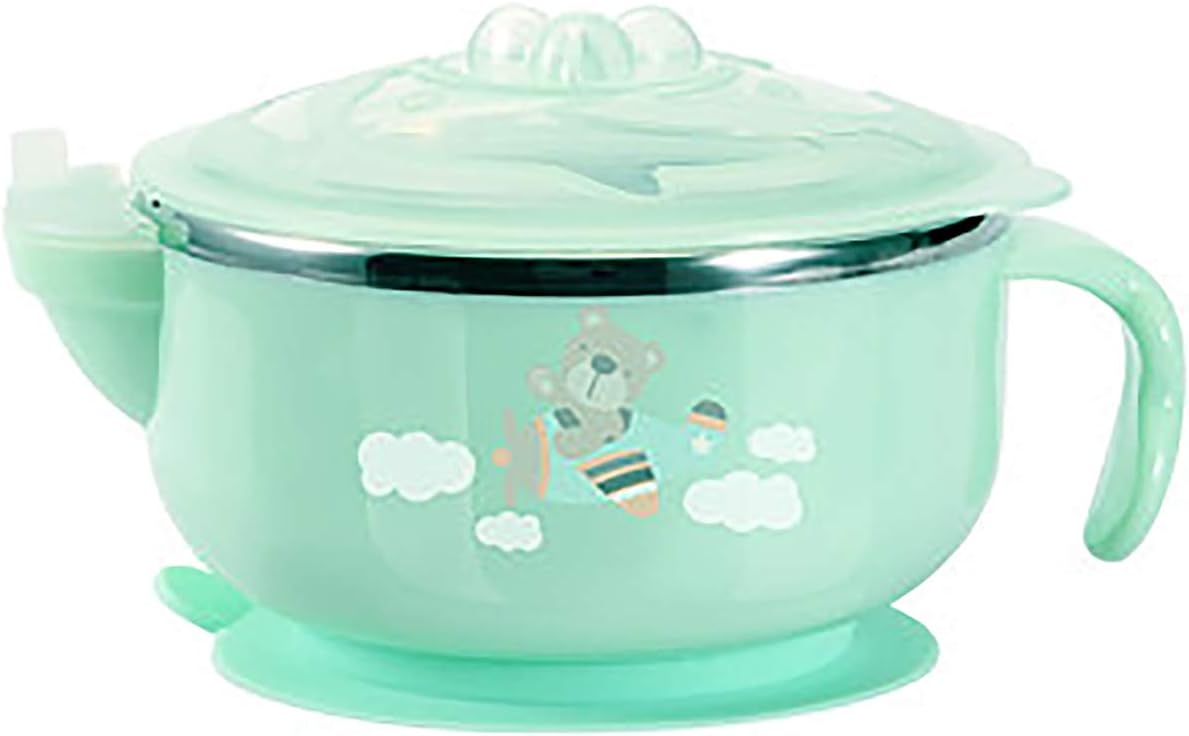 ERRIKO Stainless Steel Food Warming Lunch Box for Children and Kids, Hot Water Insulation box,Tableware Sucker Feeding Bowl toddler dinnerware Filling Water Dish Bowl(Green)