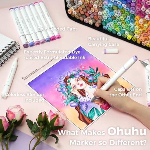 Ohuhu Marcadores Alcohol 320 Colores - Punta Doble Cincel y Fina para Artistas Adultos Colorear Dibujar Ilustración - Tinta Alcohol Recargable