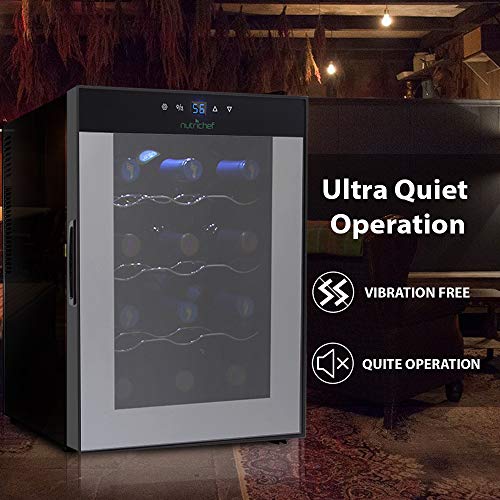 NutriChef 12 Bottle Thermoelectric Red And White Wine Cooler/Chiller, Counter Top Wine Cellar with Digital Control, Freestanding Refrigerator, Smoked Glass Door, Quiet Operation Fridge
