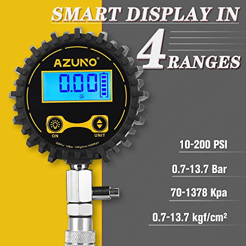 AZUNO Cylinder Compression Tester Kit, 200 PSI Digital Compression Gauge with Adapter & Hose, 8 Pieces Professional Compression Test Tool for Gasline Engine and Small Engine