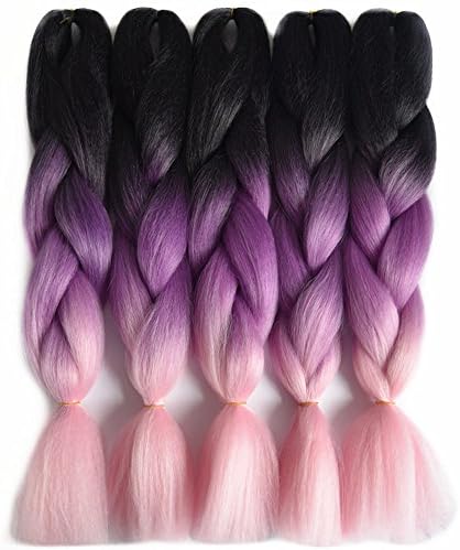 Ombre Crochet Hair Extensions 24 Inch 100g 5Pcs/Lot Synthetic Ombre Braiding Hair Black Purple Blue Gray Coloured Jumbo Braids (black ombre purple ombre pink)