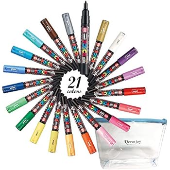 Posca Paint Markers - Mitsubishi Pens Bulk - Set of 21 Extra Fine Pen Kit (PC1M) Watercolor Pencil Set + Carrying Pouch - Original Uni Posca Vibrant Permanent Markers - Color Pen Set for DIY Projects