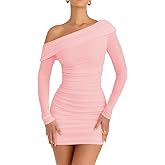 LCNBA Women's Sexy One Shoulder Mesh Long Sleeve Ruched Bodycon Club Party Mini Dress