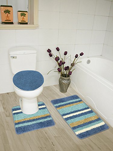 Abby 3 Piece Bathroom Rug Set, Bath Rug, Contour Rug, Lid Cover (Light Blue)