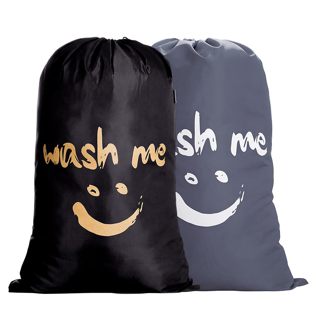 IHOMAGIC Set of 2 Extra Large Travel Laundry Bag, 120L Foldable Clothes Storage Bags with Drawstring, Durable Nylon Dirty Laundry Bag for Travelling, Hotel, Dorm, Smile Face, Black + Grey