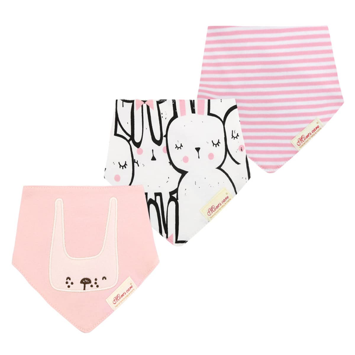 CuteOn Baby Drool Bibs, Unisex 3-Pack Absorbent Cotton, Triangle Bib with Snaps Gift for Boys Girls -52 Long Ears Bunny