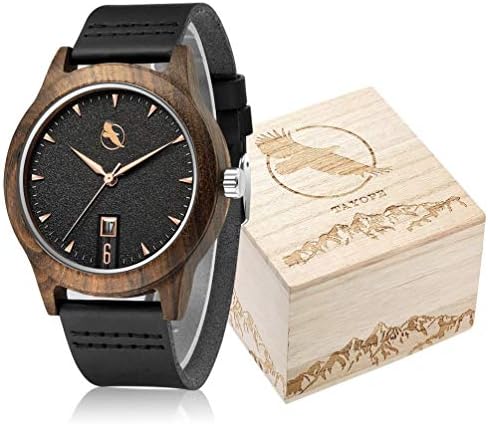 Tayope Mens Wooden Watch, Bamboo Wood Wristwatches for Women, Leather Strap Quartz in Engraved Box