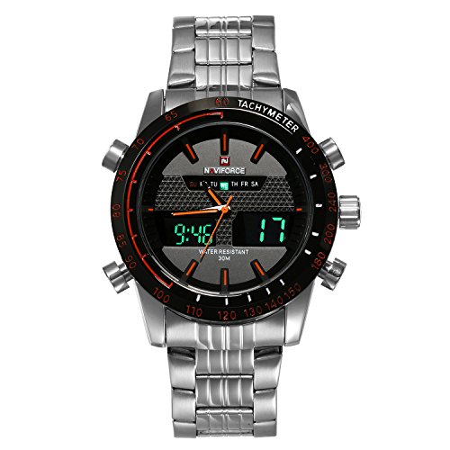 Men's Japan Quartz 2 Time Zone Military 30M Water Resistant Chronograph Date Alarm Multi-Function Sport Watch (Silver)
