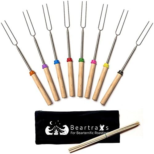 Beartraxs for BearTerrific Roasting Sticks-Set of 8 Telescoping 32 inch Marshmallow Smores & Hot Dog Forks. Great for Fire Pits Grills Fireplace! FREE Canvas Pouch & 10 Bamboo Sticks! FDA APPROVED