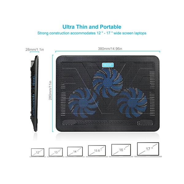 TECKNET-12-17-Quiet-Laptop-Cooler-Cooling-Pad-Stand-With-3-USB-Powered-Fans-1200-RPM-Light-Weight-Ultra-Slim-Design TECKNET Laptop Cooling Pad Adjustable Height Laptop Cooler with 3 Ultra Quiet Fans, Laptop Fan Stand for Desk/Bed/Lap…