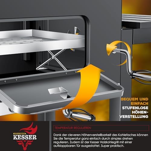 ® Grill Grillwagen BBQ Smoker XL Holzkohlegrill mit Deckel, Rädern, Edelstahl-Griff, Grillrost, Thermometer, & Silikon-Pinsel, Standgrill, Kohlegrillwagen