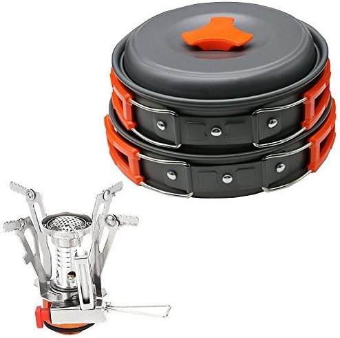 Bisgear Camping Cookware Stove Set, Hiking Backpacking Non-Stick Cooking Pot Pan, Mini Stove with Piezo Ignition (Orange)