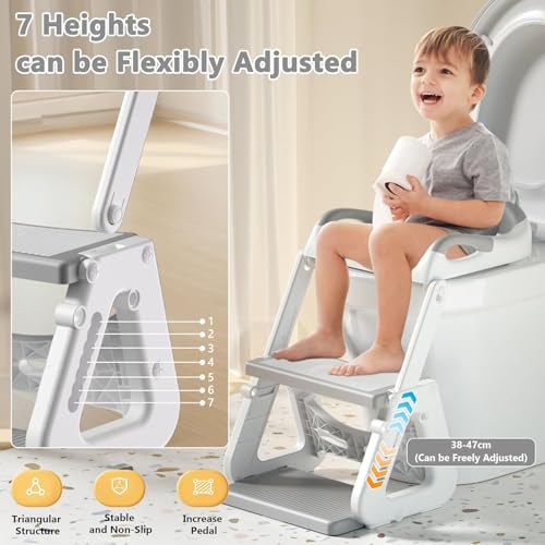 ZERIFAM Potty Training Seat 2 in 1, Children's Toilet Seat with Steps, Ultimate Stability Toddler Toilet Seat, Foldable Adjustable, For Kids Boys Girls Toddlers Potty Chair with PVC Cushion (Grey)