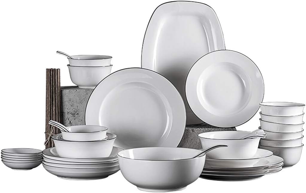WLNKJ Ceramics Dinner Sets, 35 Pieces Nordic Style Black Border Dinnerware Set Bowl/Spoon/Plate - Family Party and Kitchen Restaurant