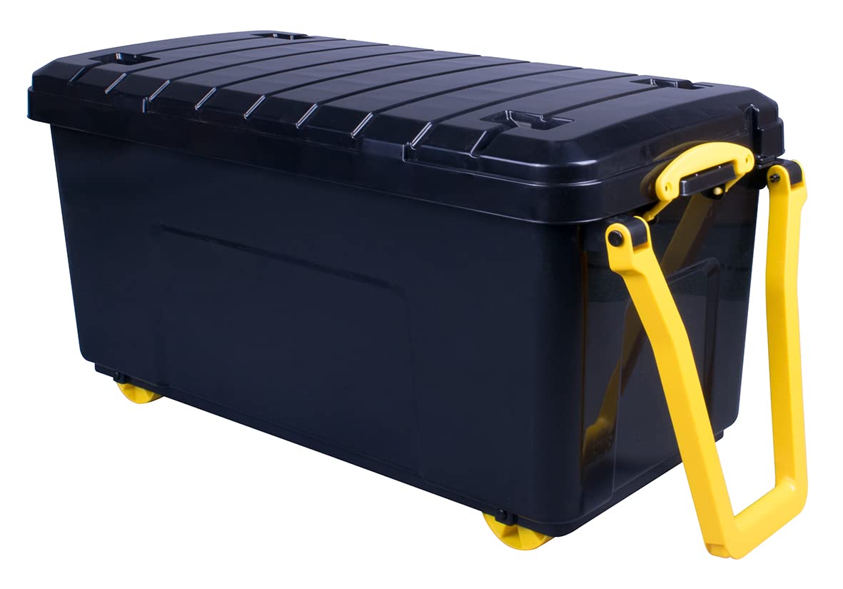 Really Useful Plastic Storage Box 160 Litre Wheeled trunk in Black (Yellow Wheels+Handles)