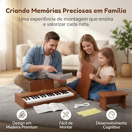 VEDO Piano Digital Infantil 37 Teclas, 128 Timbres, 128 Ritmos, 23 MúSicas De DemonstraçãO, Instrumento Musical Educativo, Madeira De Carvalho, Adequado Para Meninos E Meninas A Partir De 3 Anos