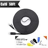Cat 6 Ethernet Cable 50 ft (at a Cat5e Price but Higher Bandwidth) Cat6 Internet Network Cable - Flat Ethernet Patch Cable Short - Black Computer LAN Cable + Free Cable Clips and Straps