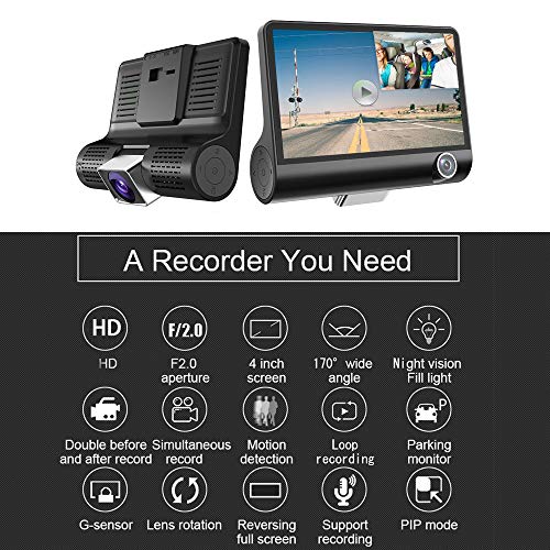 Car Dash Cam Front Inside Rear Video Recorder Camera Dual Dash Cam with 4 inch Reverse Full Screen Driving Recorder DVR HD 1080P Night Vision Parking Mode Seamless Recording
