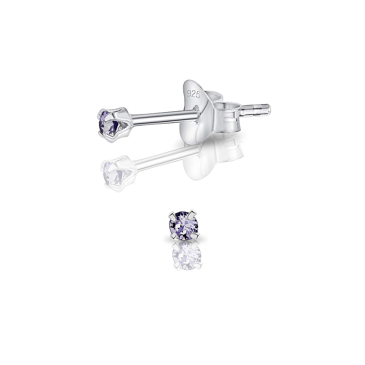 925 Sterling Silver Round Tiny Stud Earrings made with Glittering Crystals - Small Silver Studs Earrings for Woman - Diameter: 2 mm - Colour : Provence Lavender