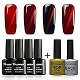Vrenmol Soak Off UV LED 3D Magnetic Red Line Cat Eye Nail Gel Polish 4 Colors with No Wipe Top and Base Coat Set + Free Magnet Stick
