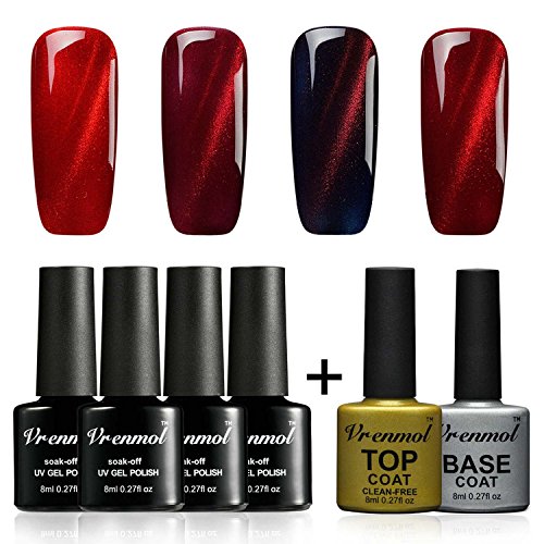 Vrenmol Soak Off UV LED 3D Magnetic Red Line Cat Eye Nail Gel Polish 4 Colors with No Wipe Top and Base Coat Set + Free Magnet Stick Vrenmol Soak Off UV LED 3D Magnetic Red Line Cat Eye Nail Gel Polish 4 Colors with No Wipe Top and Base Coat Set + Free Magnet Stick