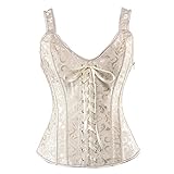 Women Sexy Boned Lace up Corsets and Strap Bustiers Top Overbust shaper Large Beige