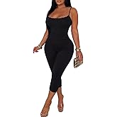 Vssjavun Women 2 Piece Outfits Sexy Rib Knit Spaghetti Strap Lace Trim Camisole Tops and Matching Bodycon Capri Pants Sets