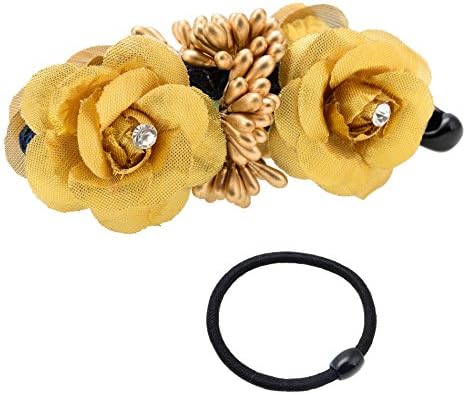 Monalisa Enterprise Plastic Banana Clip with Golden Fabric Flower and Ponytail Holder (Multicolour) - Combo of 13