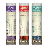 LIP BALM ONE WORLD 3-Pack by Eco Lips Relax, Renew, Restore, 100% Organic Beeswax & Cocoa Butter Lip Care with Exotic Organic Oils from around the world. Soothe & Moisturize Dry & Cracked Lips