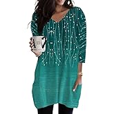 Poetsky Womens Tunic Tops for Leggings with Pockets Vneck 3/4 Length Sleeve Shirt Casual Long T-Shirts S-3XL