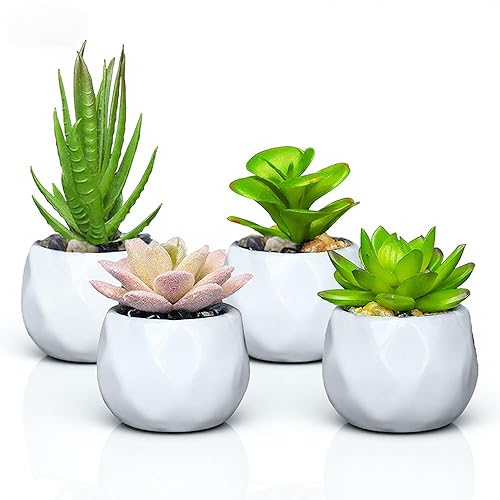 Artificial Plants Indoor Succulents Fake Plants, 4 Pack Small Desk Plant in White Ceramic Pots, Artificial Flower Faux Plastic Plant for Office Decor, Bathroom, Bedroom, Women Home Decoration in Fall