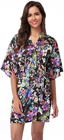 Feelia Women's Short Floral Robes Satin Kimono Robe Silk Bathrobe For Bridesmaid