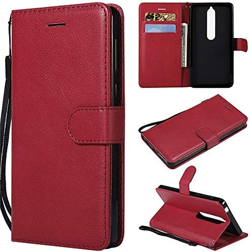 MGVV Nokia 6 Phone Case, Slim Fit Flip PU Leather Wallet Case with 3 ID&Credit Cards Pocket & Kickstand Function for Nokia 6 with Wrist Strap Red
