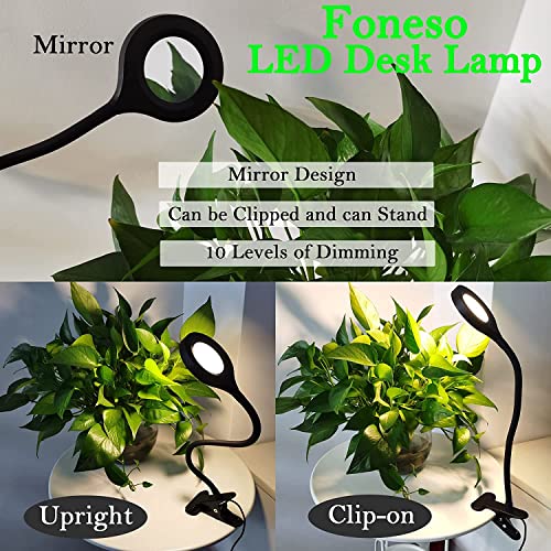 LED Desk Lamp, Foneso USB Clip-On Reading Light with 3 Color Modes 10 Brightness, 360° Flexible Gooseneck Table Lamp, Eye Protection Clamp Light for Reading, Work, Makeup