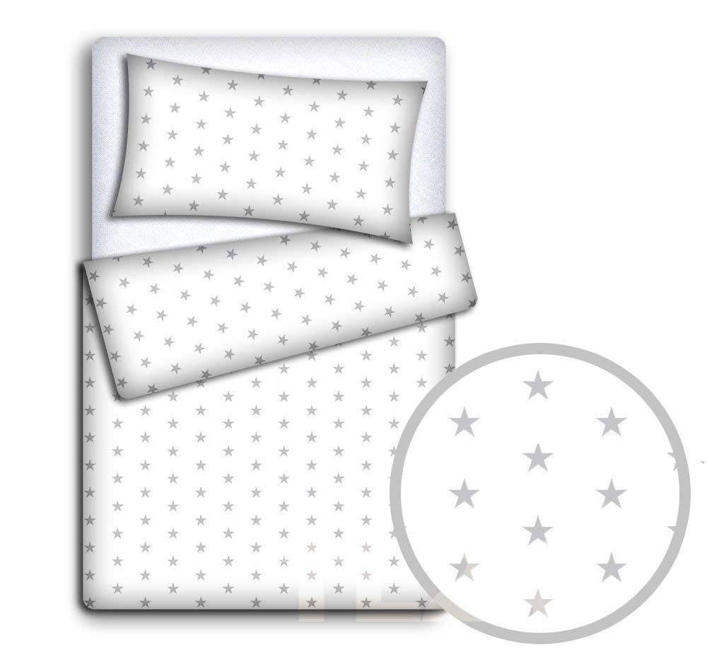 Babymam Baby Newborn Bedding Set Pillowcase + Duvet Quilt Cover 2 Piece to Fit Cot Crib Cradle Pram 135x100cm (Grey stars on white background)