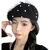 SIQITECHNO Berets Hat with Pearl French Beret Hats for Women Beret with Mesh Solid Color Hat for Winter Gift for Women