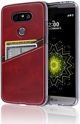 G5 Case [Leather Back Cover] [Wallet Case] [2 Card Holder] Soft Slim Fit Hybrid Polyurethane TPU Flexible Bumper ID Credit Card Cash Slot Lightweight Shock Absorbing Protection LG G5 (Red)
