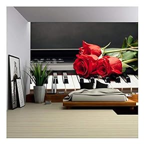 Piano Keys and Red Rose with Copy-Space - Removable Wall Mural | Self-Adhesive Large Wallpaper - 66x96 inches