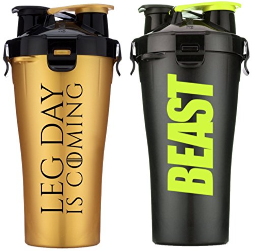 Hydra Cup Dual Threat - Protein & Pre Shaker Bottles, Shaker Cup, Black & Gold, 28oz, 2 Pack (Leg Day & Stealth Beast) Hydra Cup Dual Threat - Protein & Pre Shaker Bottles, Shaker Cup, Black & Gold, 28oz, 2 Pack (Leg Day & Stealth Beast)