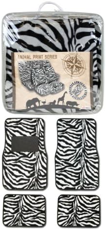 Universal Fit Automotive Gift Set Two Lowback Front Seat Covers, One Rear Bench Seat Cover, One Steering Wheel Cover, Two Shoulder Pads, and Four Floor Mats - Zebra White